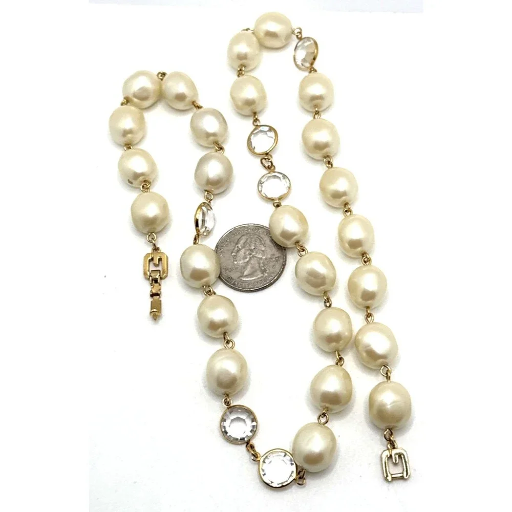 Vintage 80s GIVENCHY Bijoux Faux Baroque Pearl Clear Crystal Bezel Necklace 24